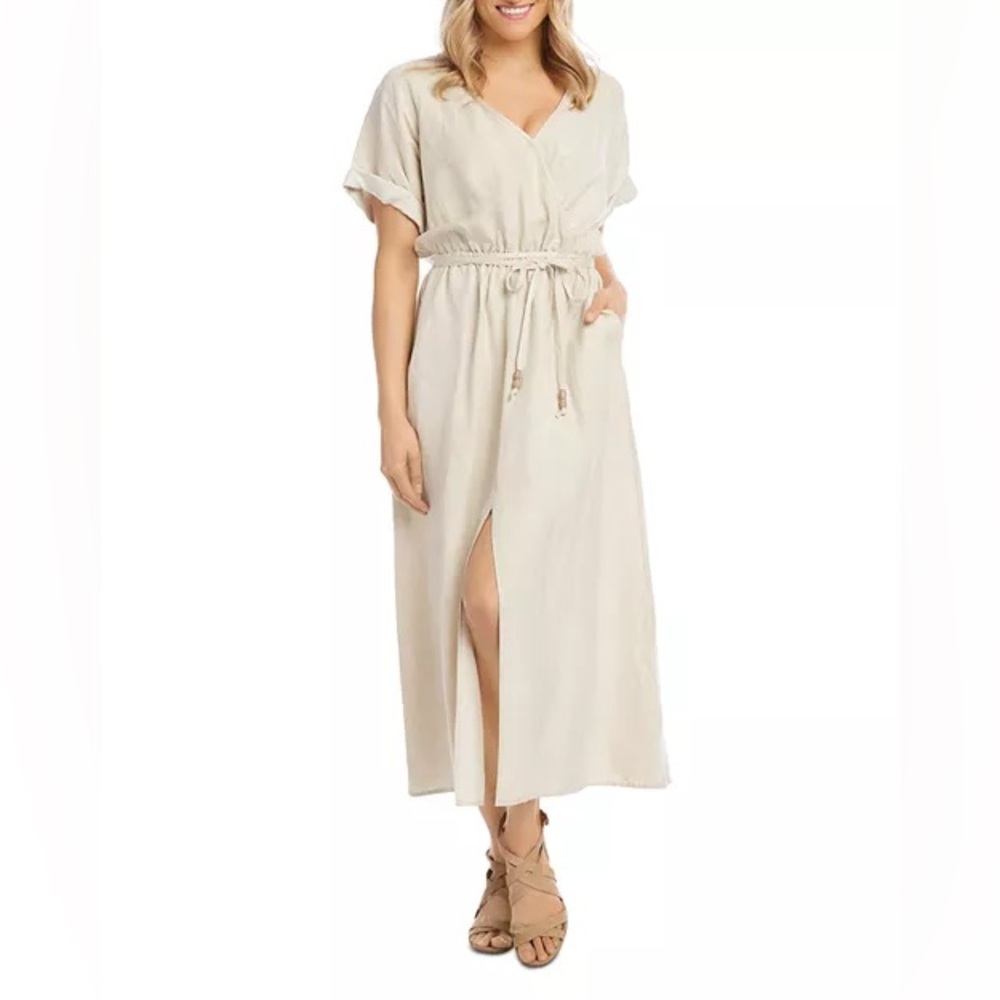 Karen Kane Cinched Waist Wrap MIDI Dress in Oat Size M